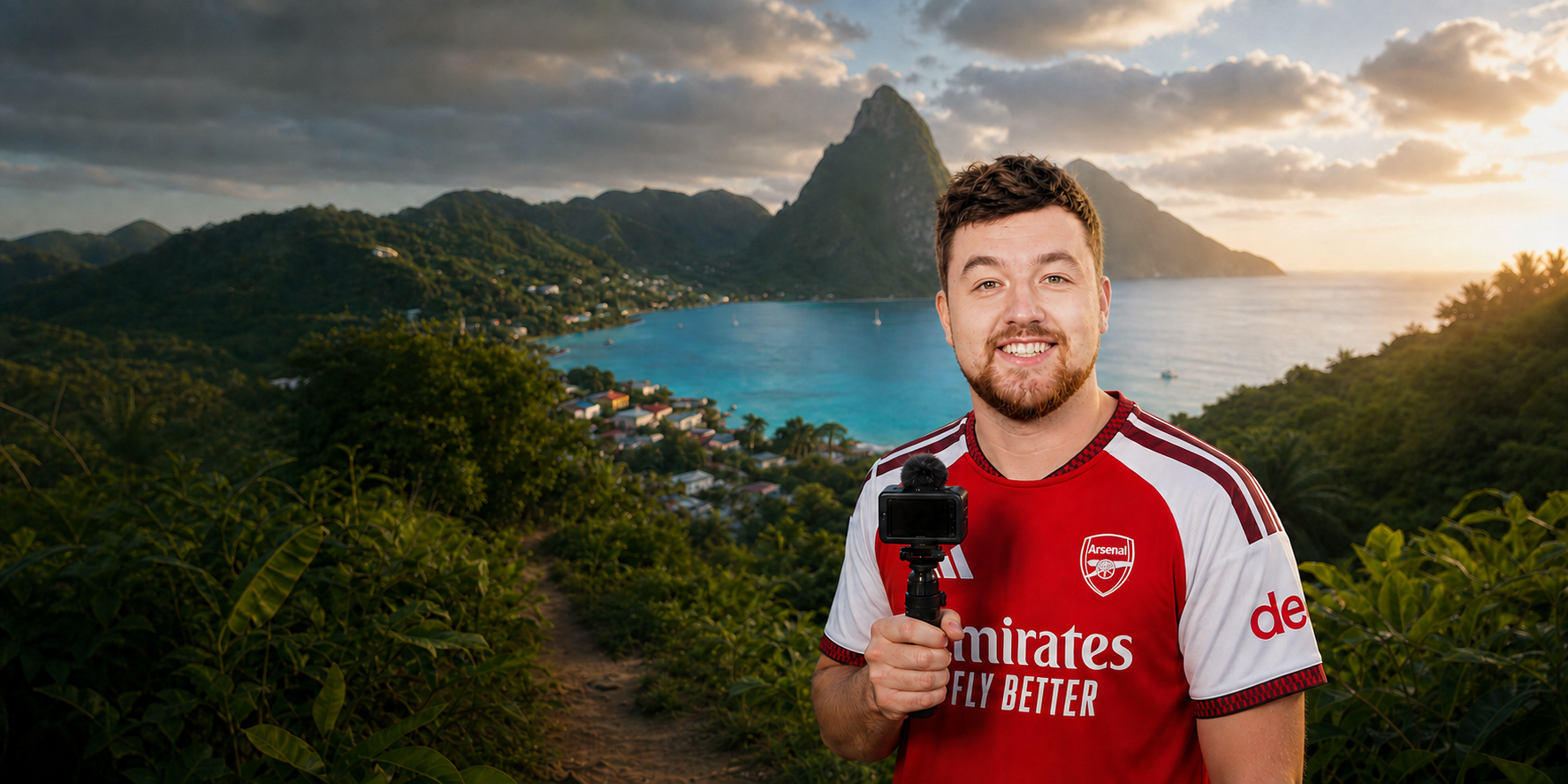 A football creator overlooking Saint Lucia and the Pitons